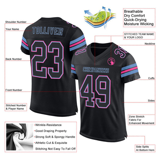 Custom Black Light Blue-Pink Mesh Authentic Football Jersey - Sky-Custom