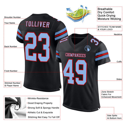 Custom Black Light Blue-Red Mesh Authentic Football Jersey - Sky-Custom