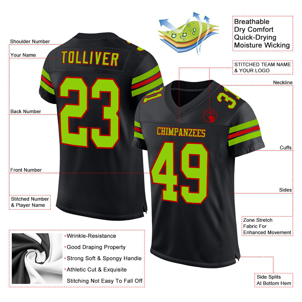 Custom Black Neon Green-Red Mesh Authentic Football Jersey - Sky-Custom