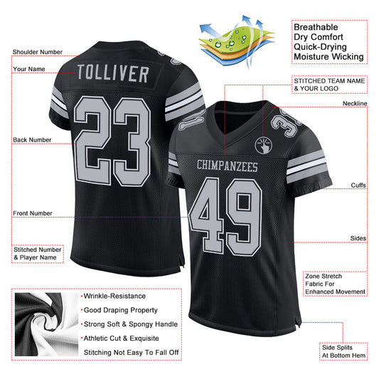 Custom Black Gray-White Mesh Authentic Football Jersey - Sky-Custom
