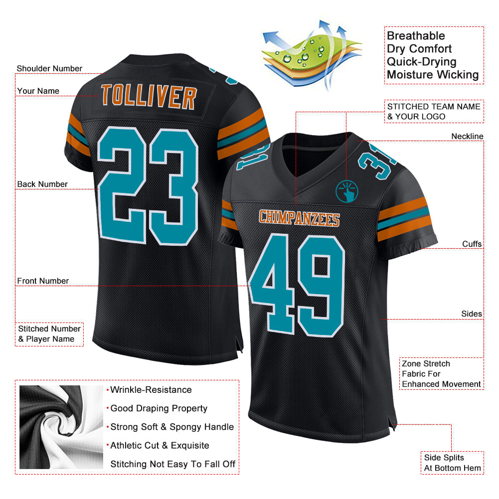 Custom Black Teal-Texas Orange Mesh Authentic Football Jersey - Sky-Custom