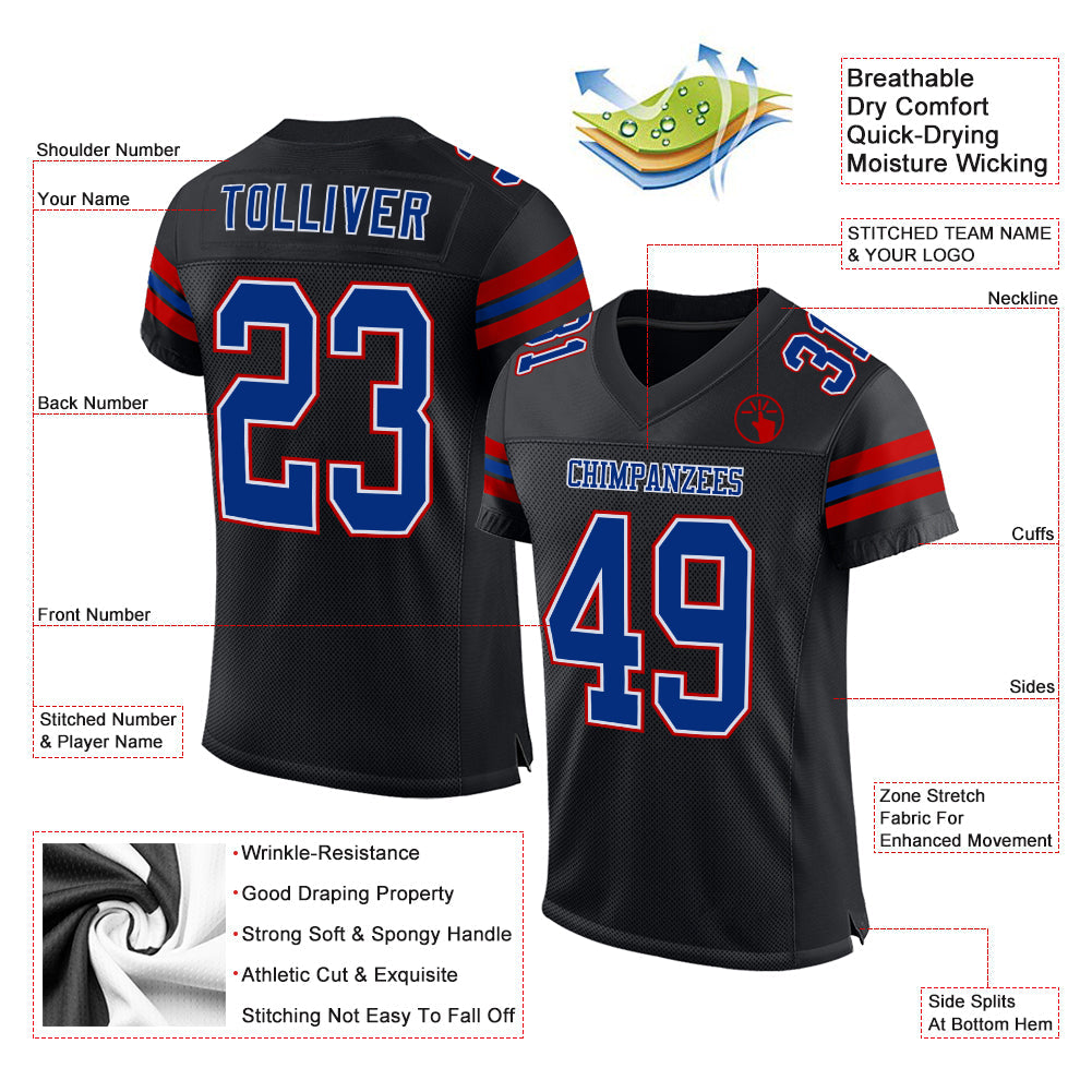 Custom Black Royal-Red Mesh Authentic Football Jersey - Sky-Custom