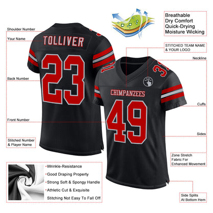 Custom Black Red-Gray Mesh Authentic Football Jersey - Sky-Custom