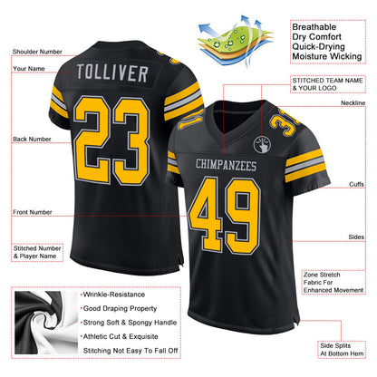 Custom Black Gold-Gray Mesh Authentic Football Jersey - Sky-Custom