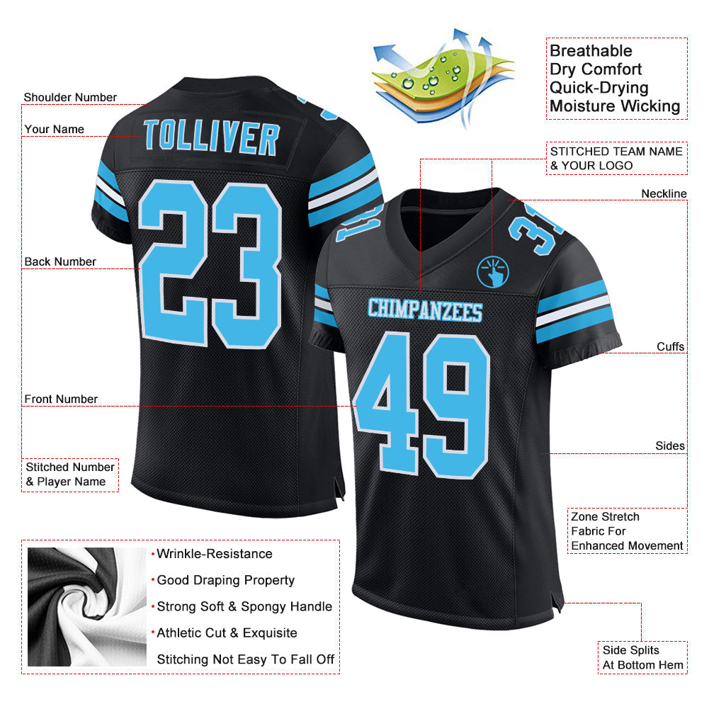 Custom Black Sky Blue-White Mesh Authentic Football Jersey - Sky-Custom