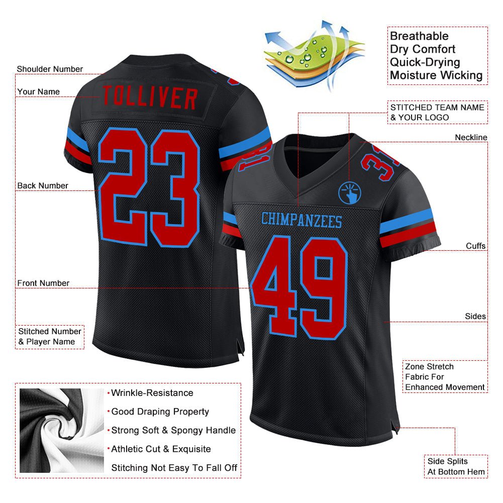 Custom Black Red-Powder Blue Mesh Authentic Football Jersey - Sky-Custom