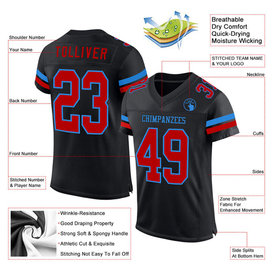 Custom Black Red-Powder Blue Mesh Authentic Football Jersey - Sky-Custom