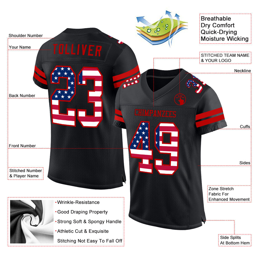 Custom Black USA Flag-Red Mesh Authentic Football Jersey - Sky-Custom