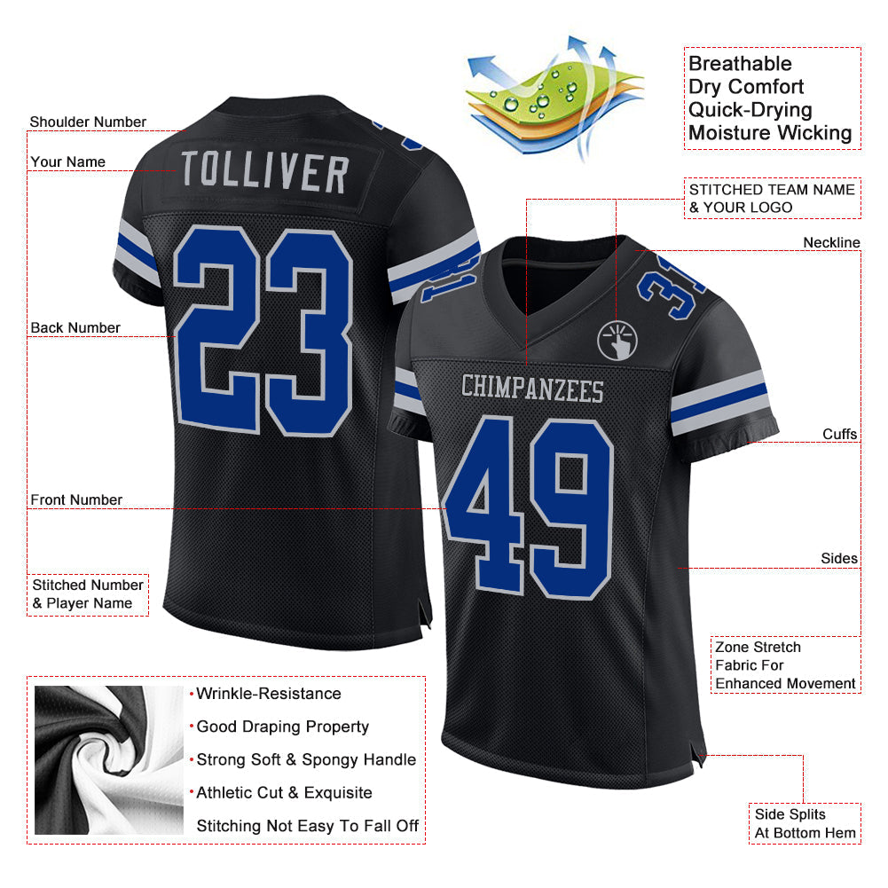 Custom Black Royal-Gray Mesh Authentic Football Jersey - Sky-Custom