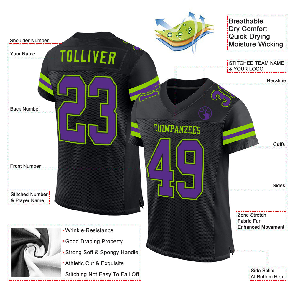 Custom Black Purple-Neon Green Mesh Authentic Football Jersey - Sky-Custom