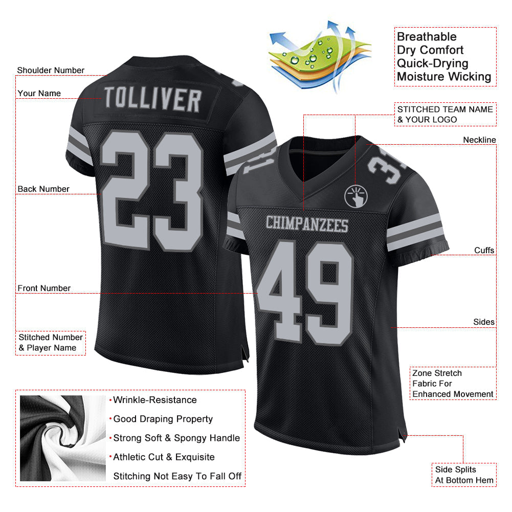 Custom Black Gray-Steel Gray Mesh Authentic Football Jersey - Sky-Custom