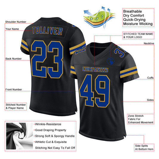 Custom Black Royal-Old Gold Mesh Authentic Football Jersey - Sky-Custom