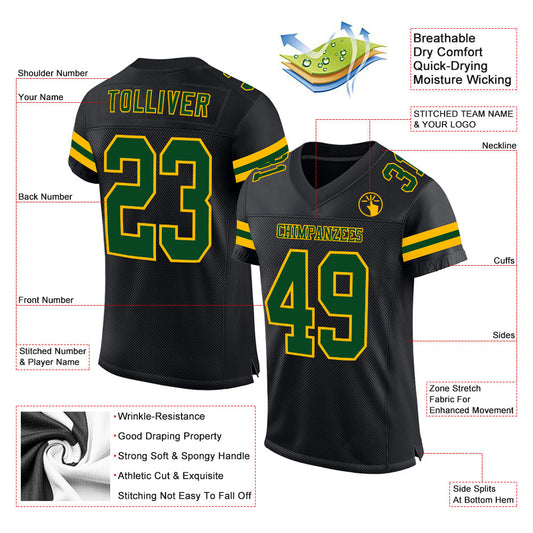 Custom Black Green-Gold Mesh Authentic Football Jersey - Sky-Custom