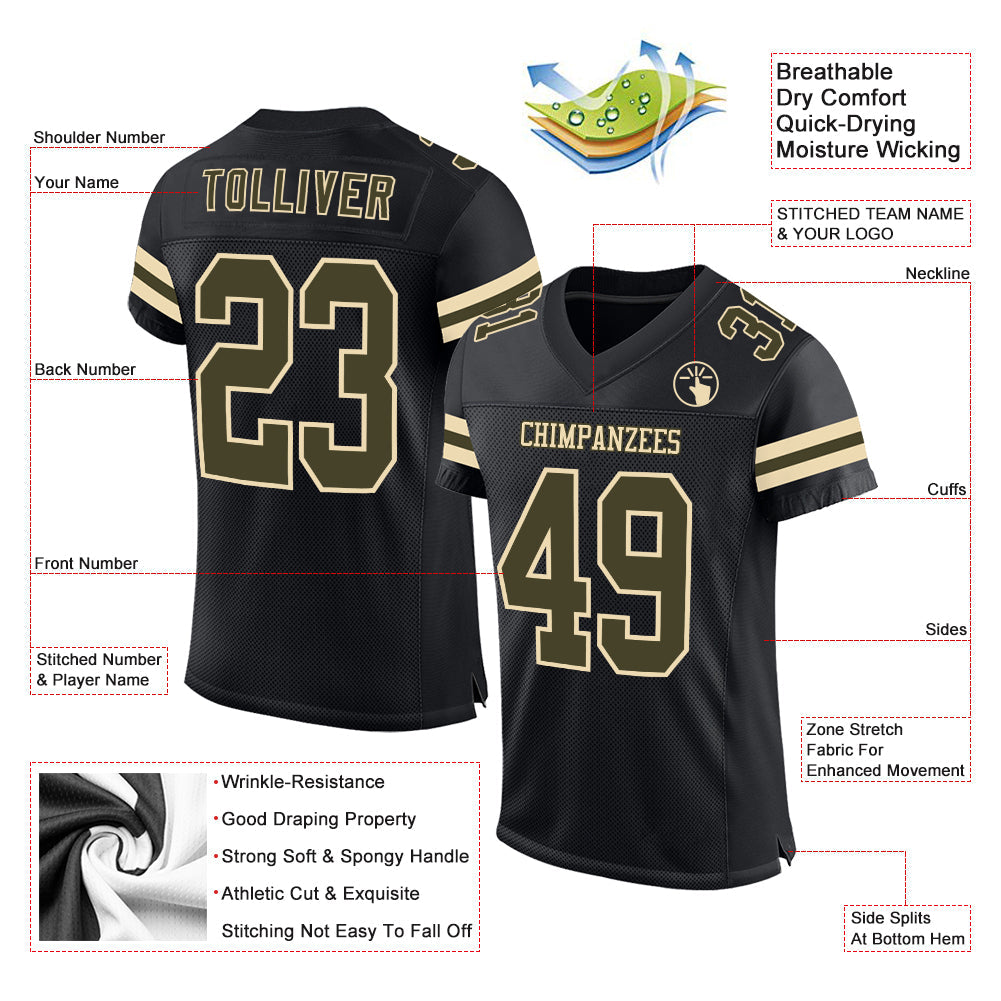 Custom Black Olive-Cream Mesh Authentic Football Jersey - Sky-Custom