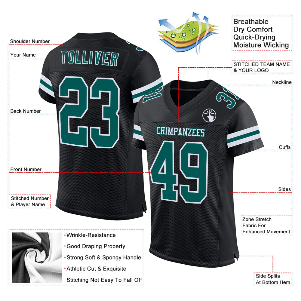 Custom Black Midnight Green-White Mesh Authentic Football Jersey - Sky-Custom