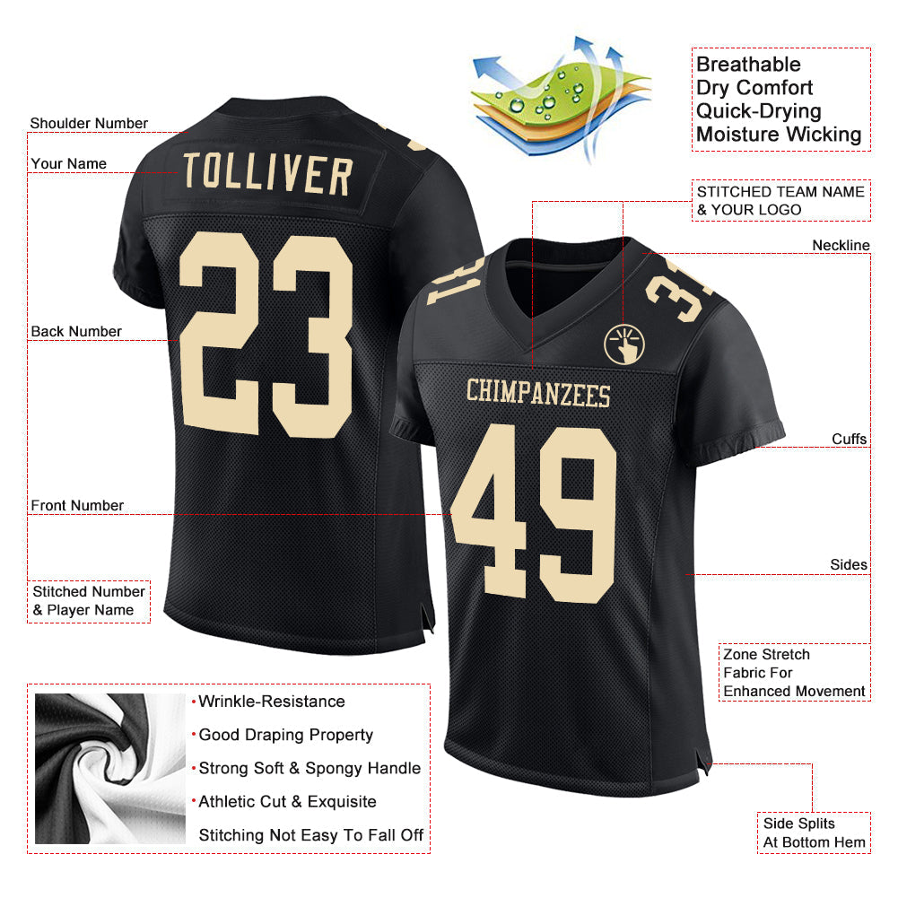 Custom Black Cream Mesh Authentic Football Jersey - Sky-Custom