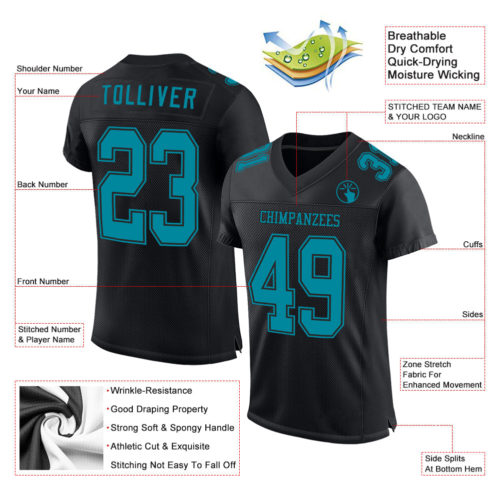 Custom Black Teal Mesh Authentic Football Jersey - Sky-Custom