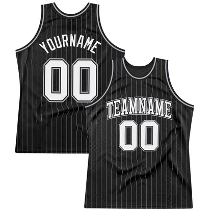 Custom Black Gray Pinstripe White Authentic Basketball Jersey - Sky-Custom