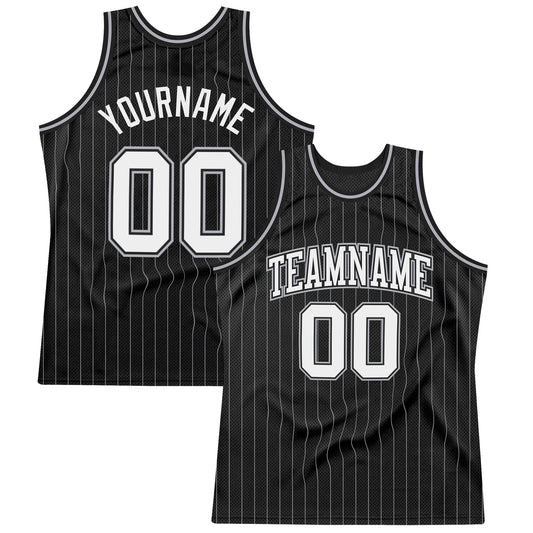 Custom Black Gray Pinstripe White Authentic Basketball Jersey - Sky-Custom