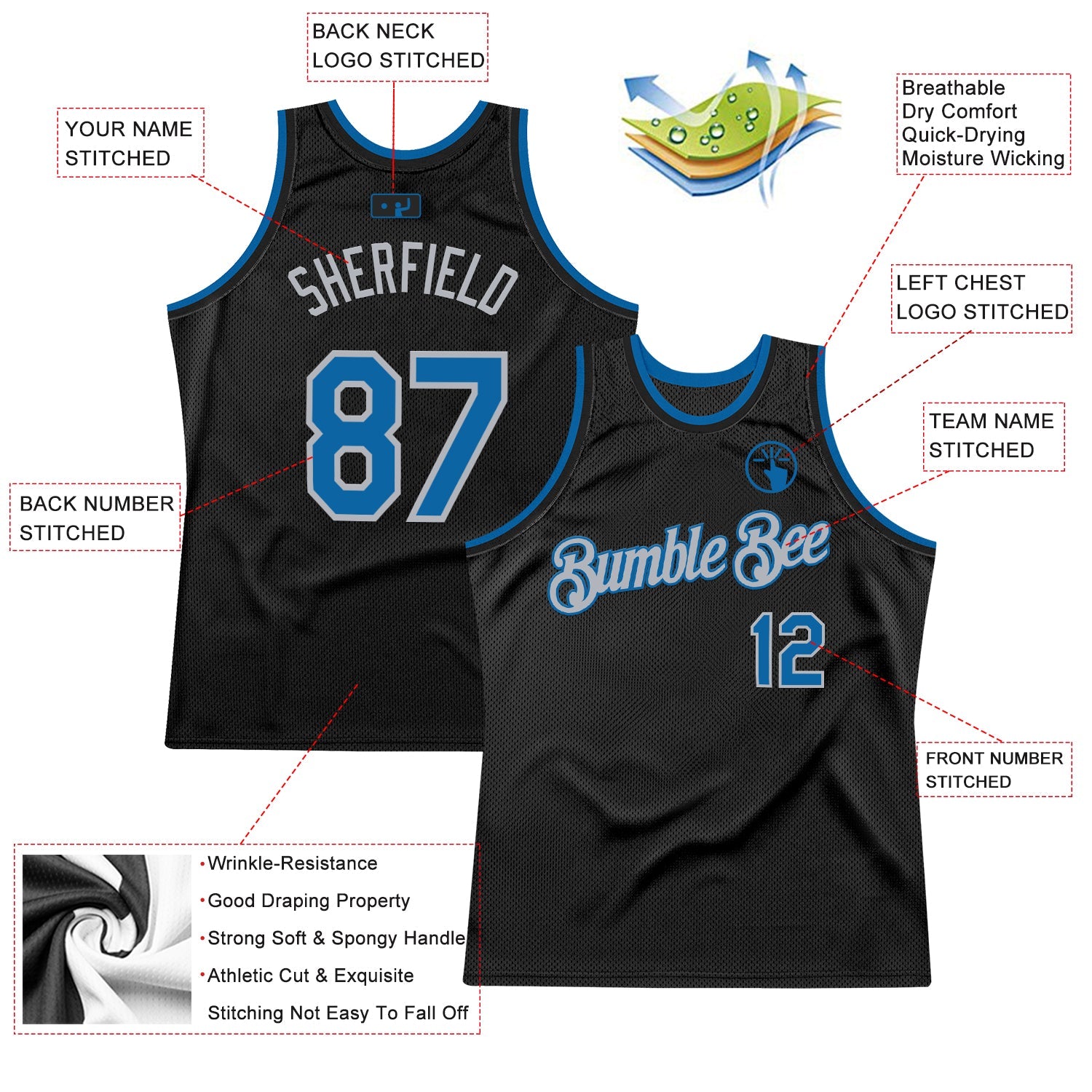 Custom Black Blue-Gray Authentic Throwback Basketball Jersey - Sky-Custom