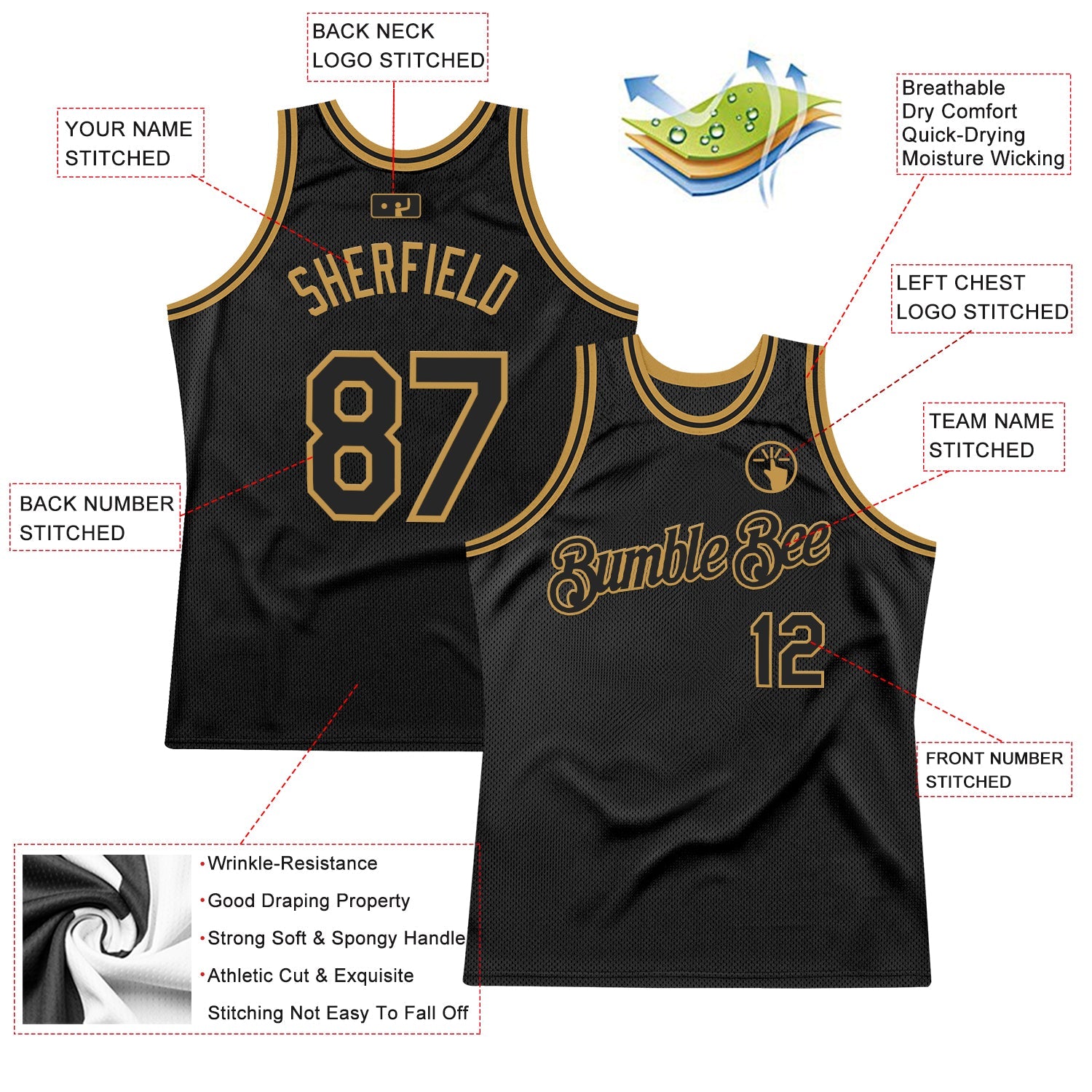 Custom Black Old Gold Authentic Throwback Basketball Jersey - Sky-Custom