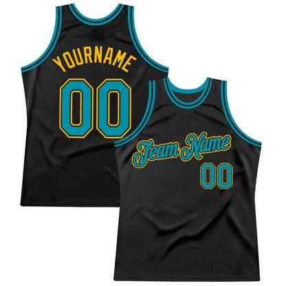 Custom Black Teal-Gold Authentic Throwback Basketball Jersey - Sky-Custom