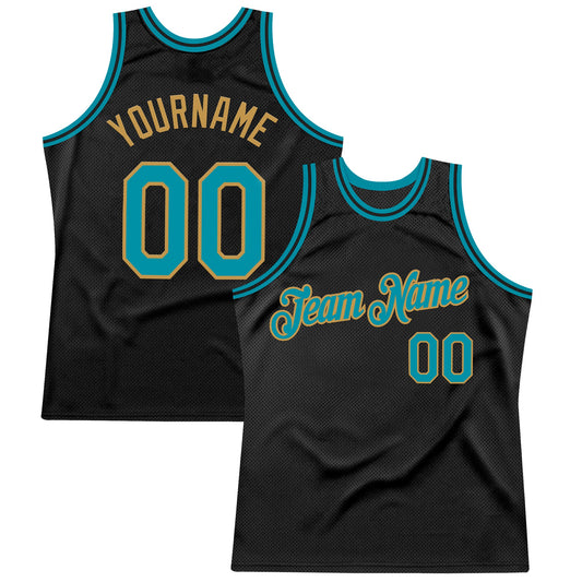 Custom Black Teal-Old Gold Authentic Throwback Basketball Jersey - Sky-Custom