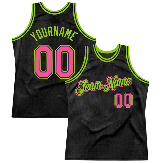 Custom Black Pink-Neon Green Authentic Throwback Basketball Jersey - Sky-Custom