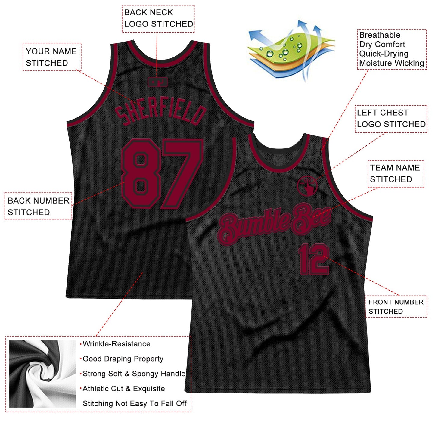 Custom Black Maroon Authentic Throwback Basketball Jersey - Sky-Custom