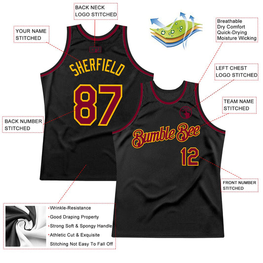 Custom Black Maroon-Gold Authentic Throwback Basketball Jersey - Sky-Custom