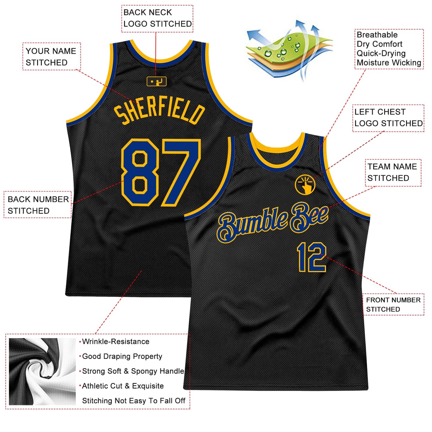 Custom Black Royal-Gold Authentic Throwback Basketball Jersey - Sky-Custom