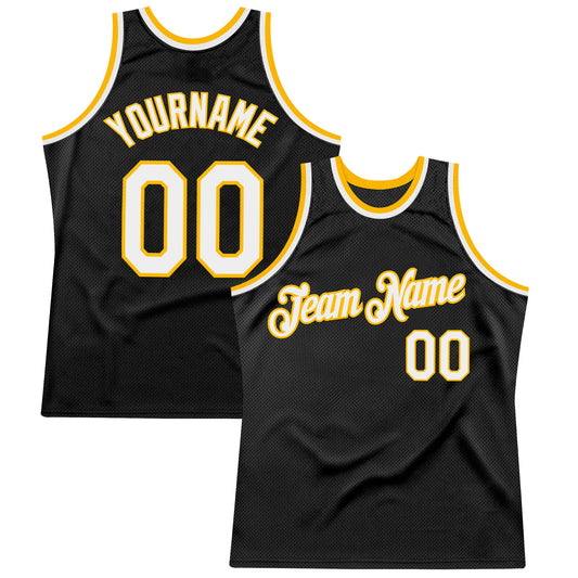 Custom Black White-Gold Authentic Throwback Basketball Jersey - Sky-Custom