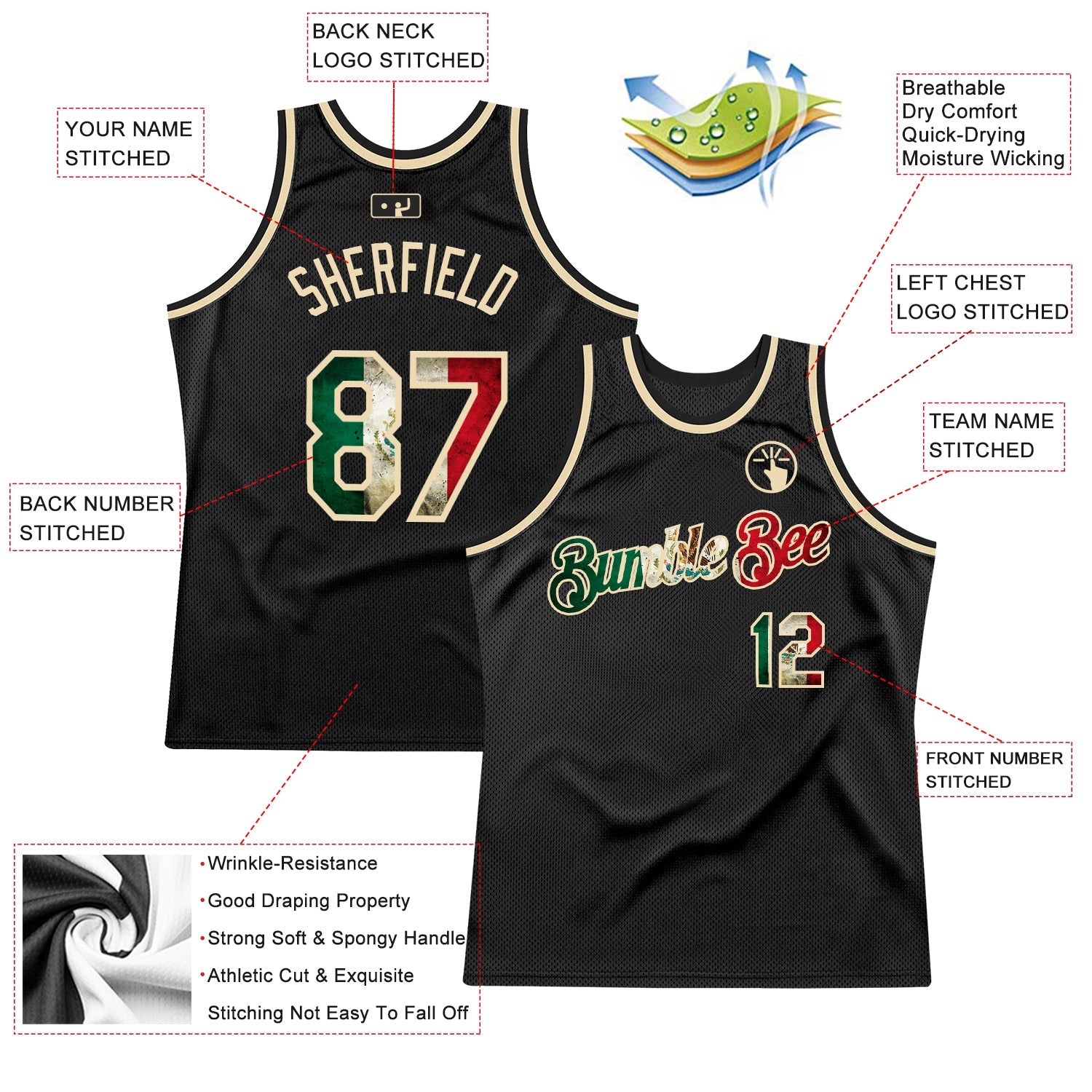 Custom Black Vintage Mexican Flag-Cream Authentic Throwback Basketball Jersey - Sky-Custom