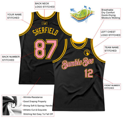 Custom Black Medium Pink-Gold Authentic Throwback Basketball Jersey - Sky-Custom