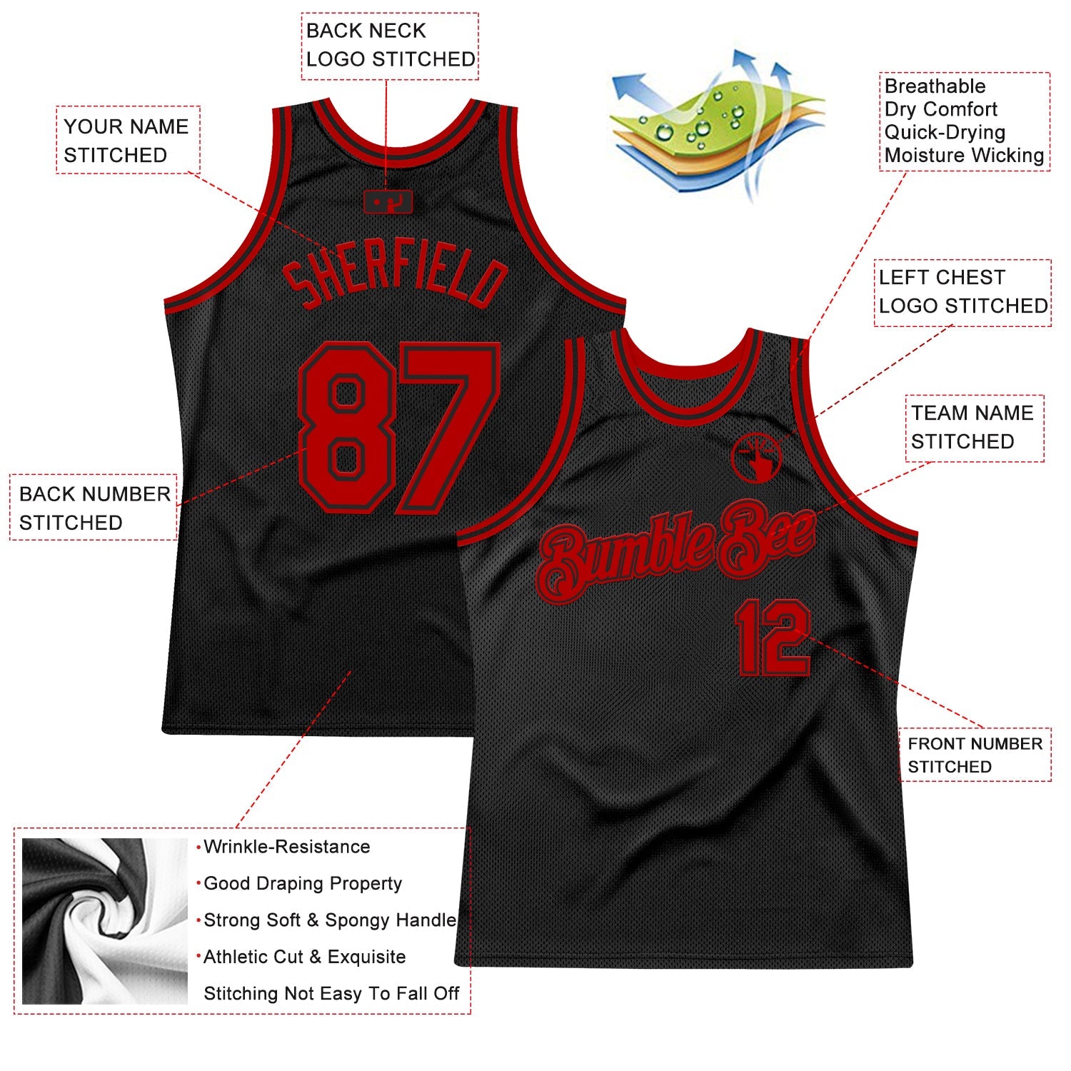 Custom Black Red Authentic Throwback Basketball Jersey - Sky-Custom