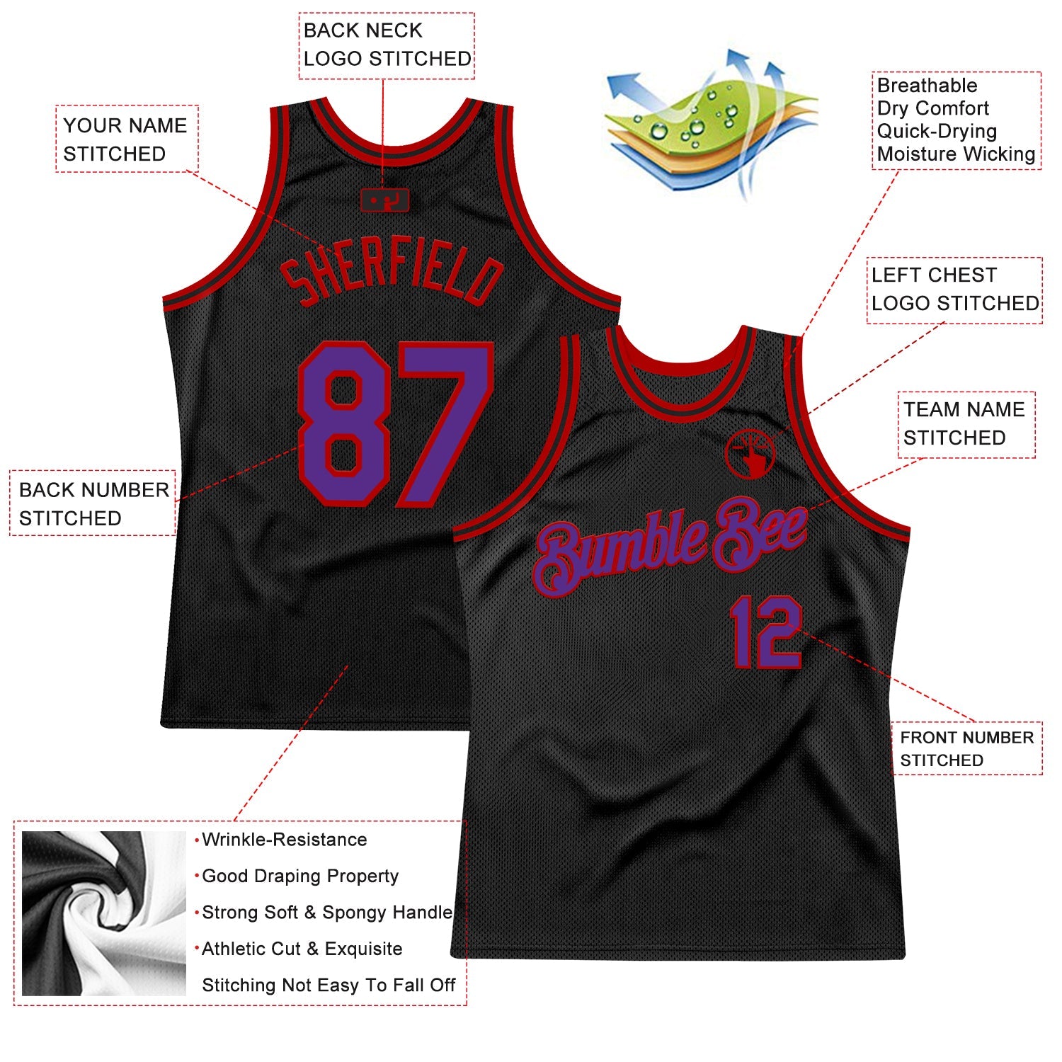 Custom Black Purple-Red Authentic Throwback Basketball Jersey - Sky-Custom