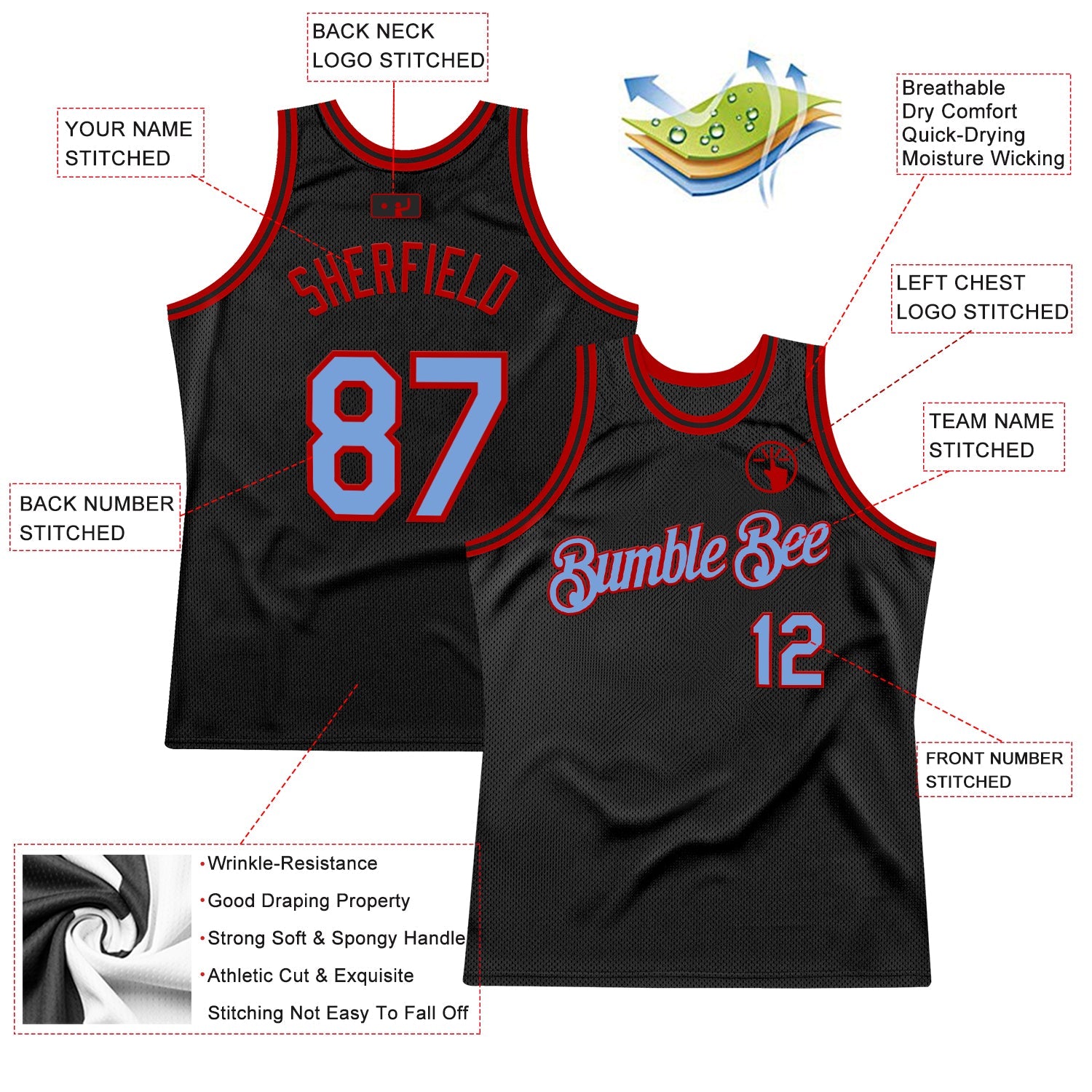 Custom Black Light Blue-Red Authentic Throwback Basketball Jersey - Sky-Custom