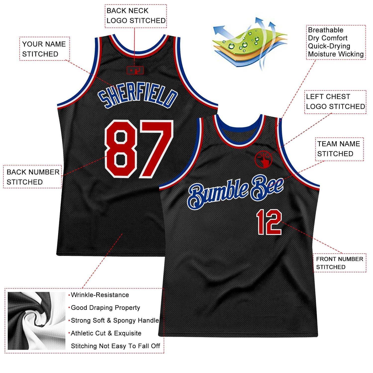 Custom Black Red-Royal Authentic Throwback Basketball Jersey - Sky-Custom