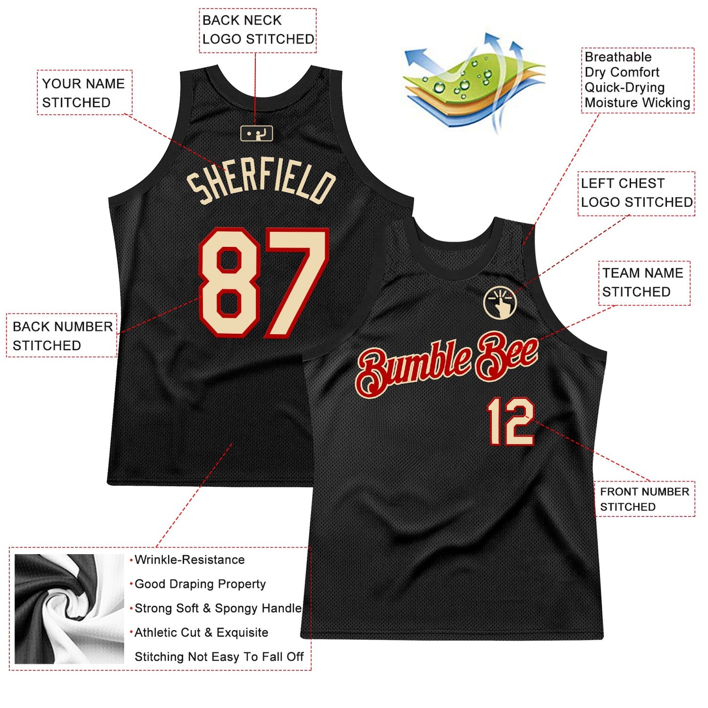 Custom Black Cream-Red Authentic Throwback Basketball Jersey - Sky-Custom
