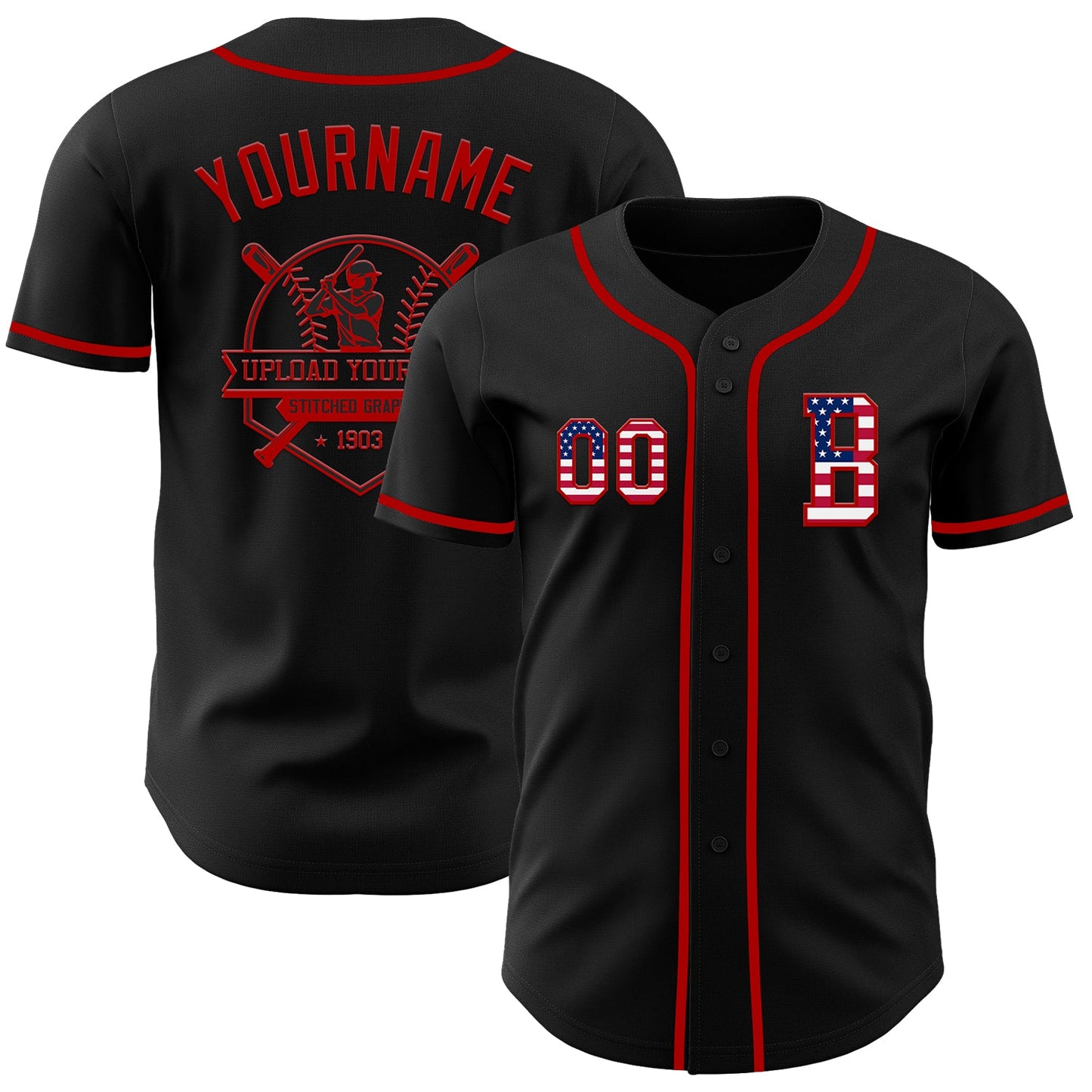 Custom Black USA Flag-Red Authentic Baseball Jersey - Sky-Custom
