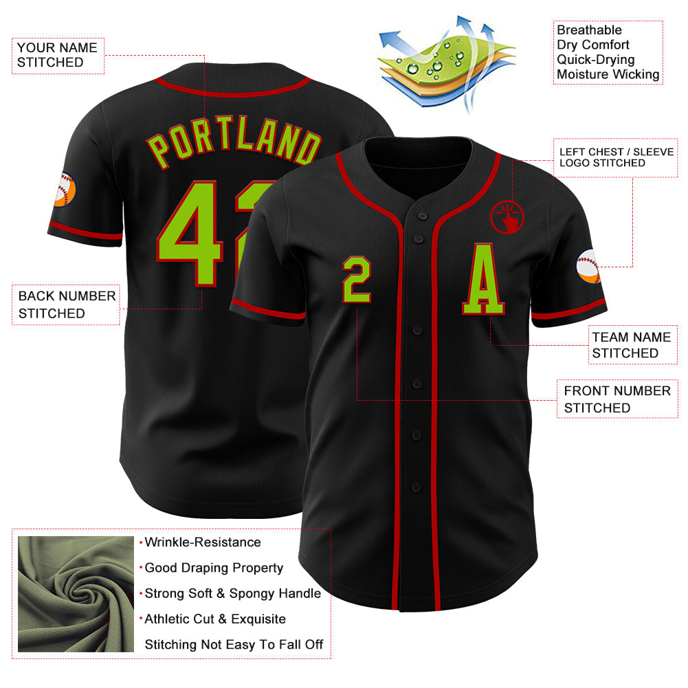 Custom Black Neon Green-Red Authentic Baseball Jersey - Sky-Custom