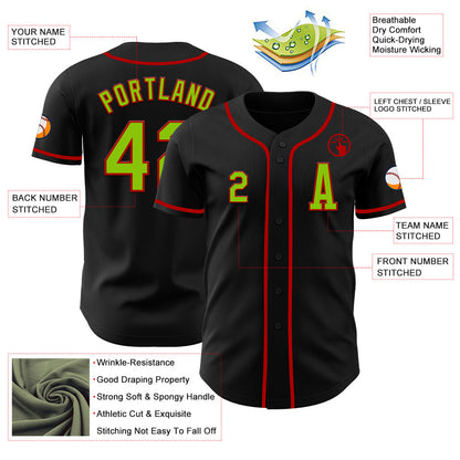 Custom Black Neon Green-Red Authentic Baseball Jersey - Sky-Custom