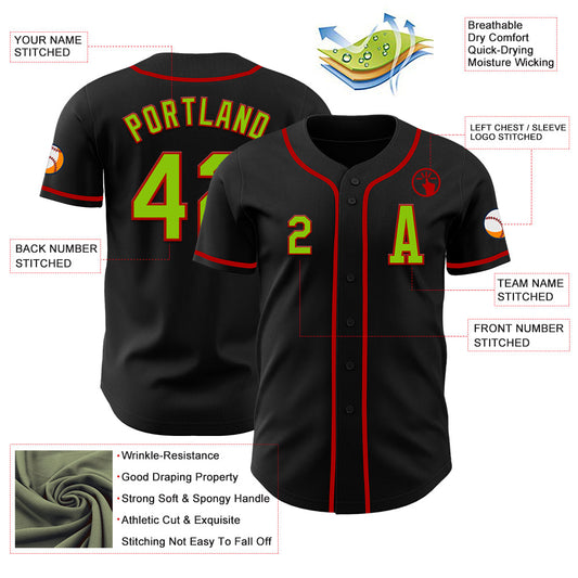 Custom Black Neon Green-Red Authentic Baseball Jersey - Sky-Custom