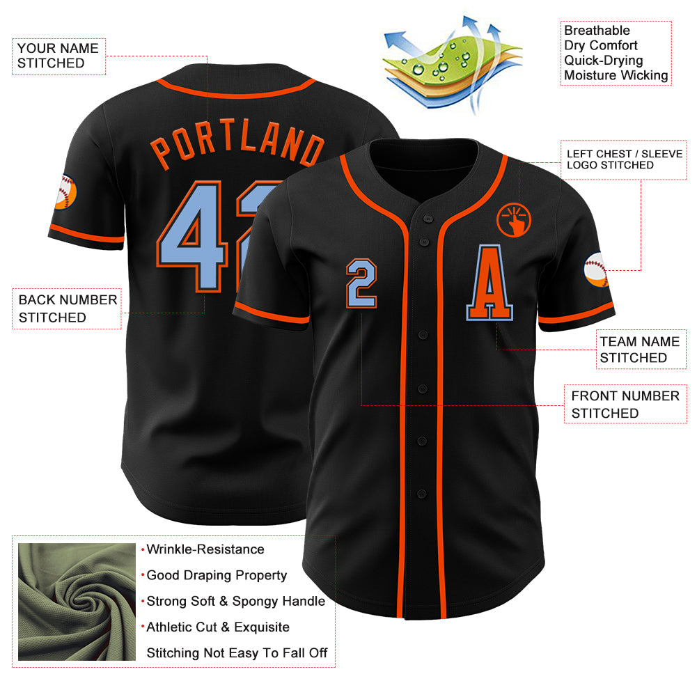 Custom Black Light Blue-Orange Authentic Baseball Jersey - Sky-Custom