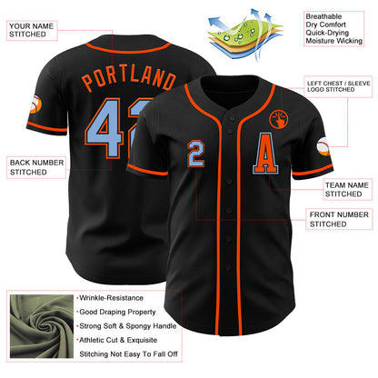 Custom Black Light Blue-Orange Authentic Baseball Jersey - Sky-Custom