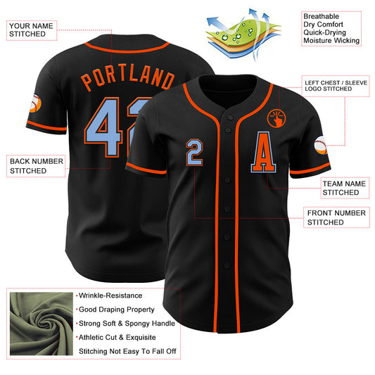 Custom Black Light Blue-Orange Authentic Baseball Jersey - Sky-Custom