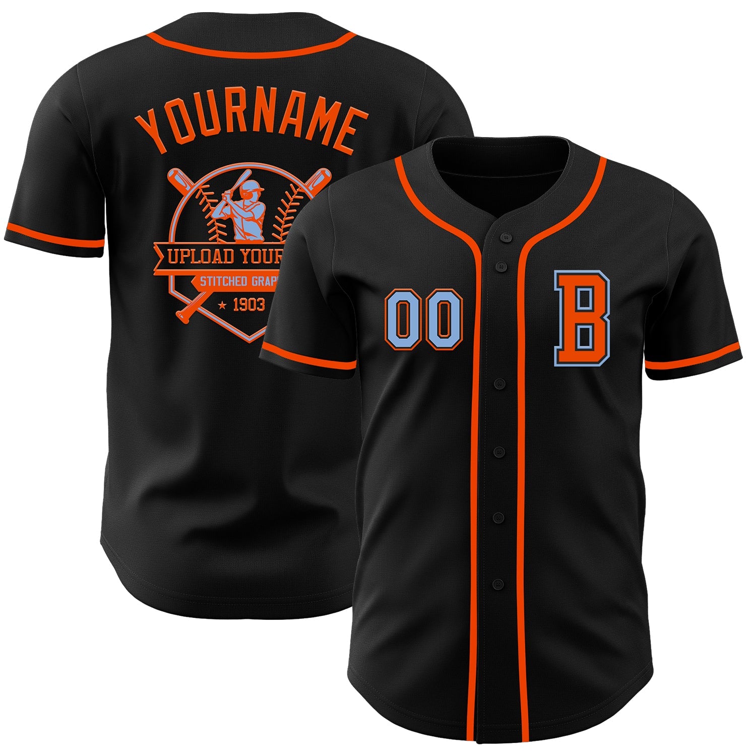Custom Black Light Blue-Orange Authentic Baseball Jersey - Sky-Custom