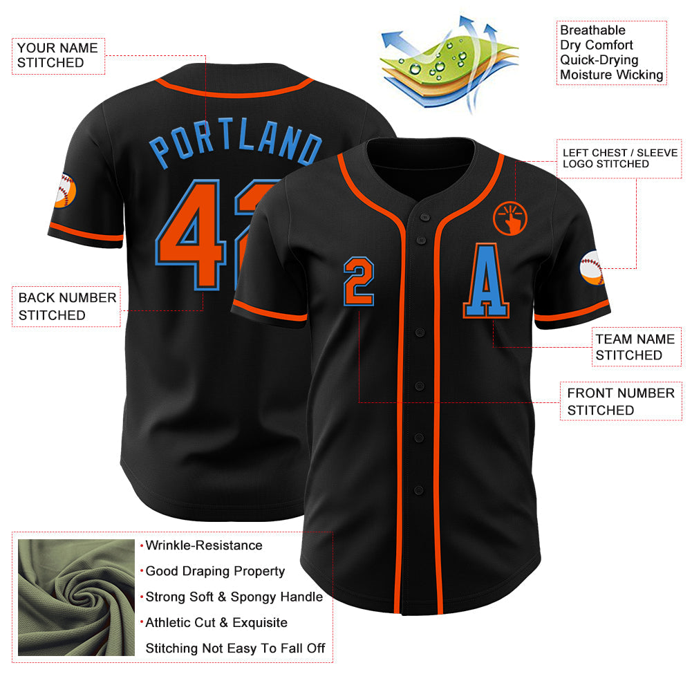 Custom Black Orange-Electric Blue Authentic Baseball Jersey - Sky-Custom
