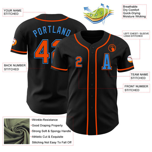 Custom Black Orange-Electric Blue Authentic Baseball Jersey - Sky-Custom