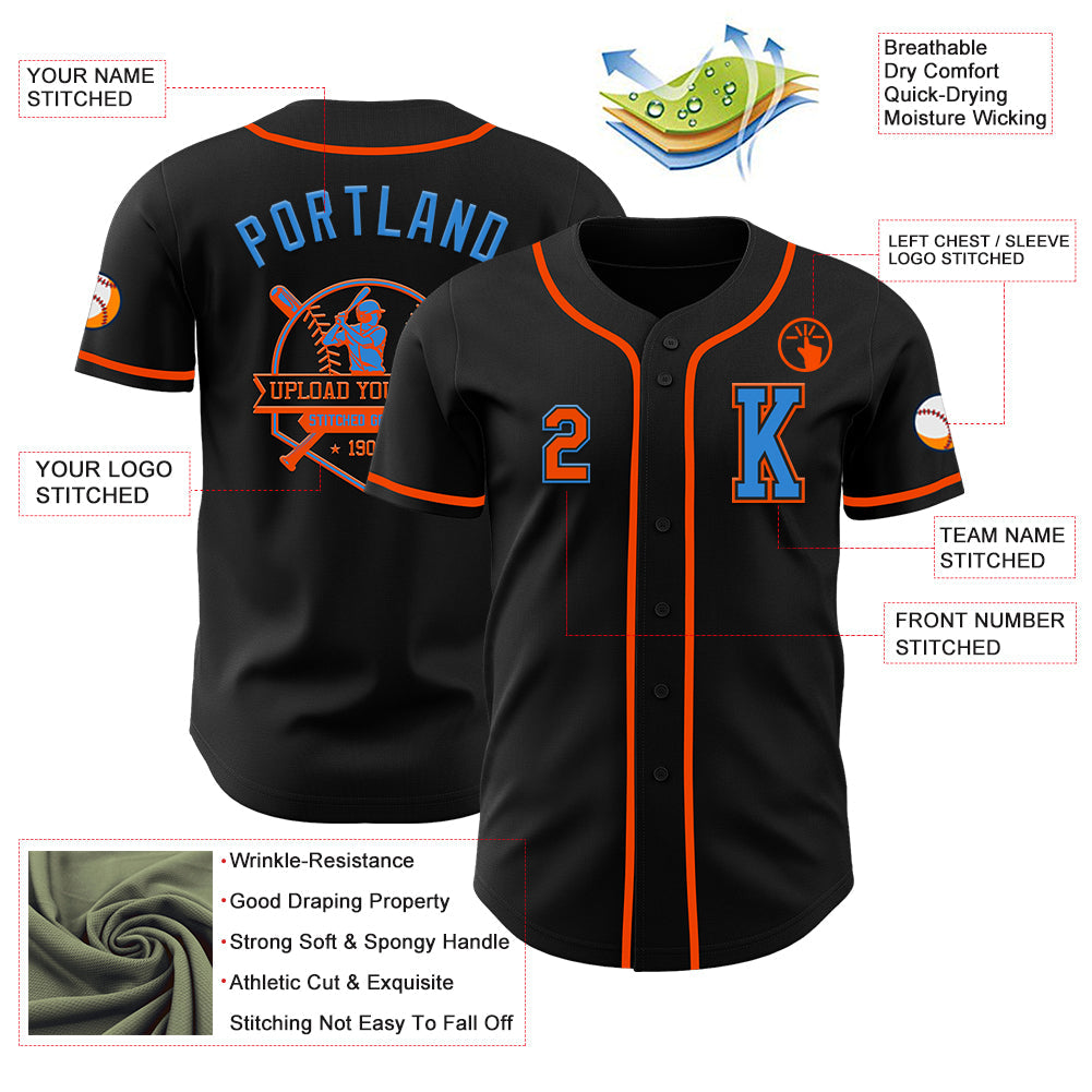 Custom Black Orange-Electric Blue Authentic Baseball Jersey - Sky-Custom